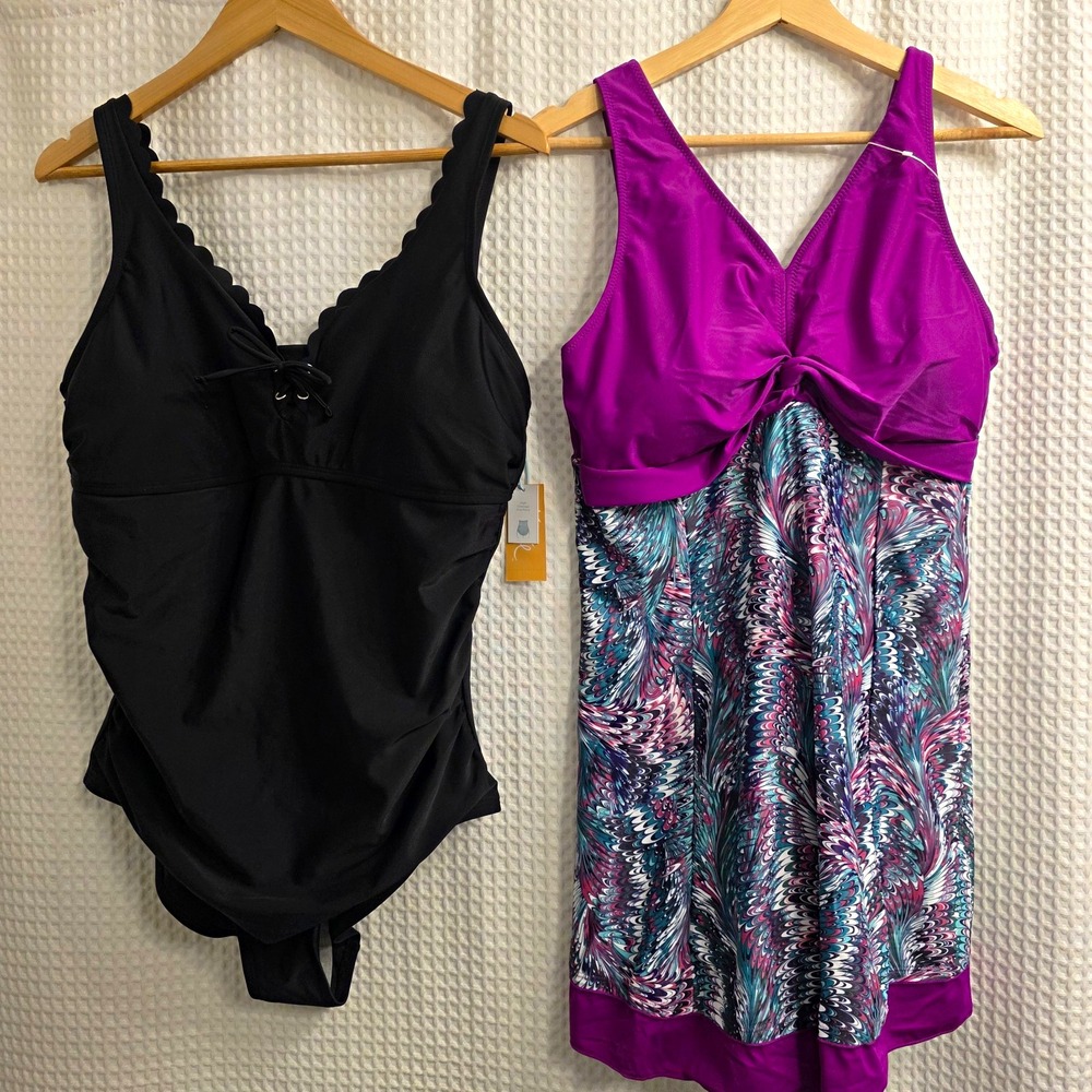 Set of 2 XL 16-18 Women One Piece Swimsuits Purple Black